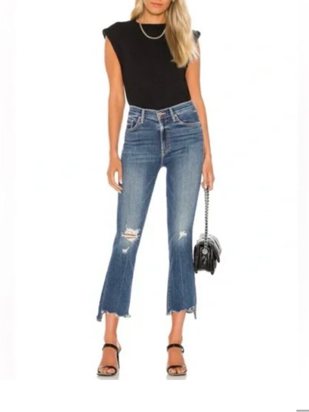 MOTHER the Insider Cropped Step Chew Blue Distressed Flare Jeans size 25